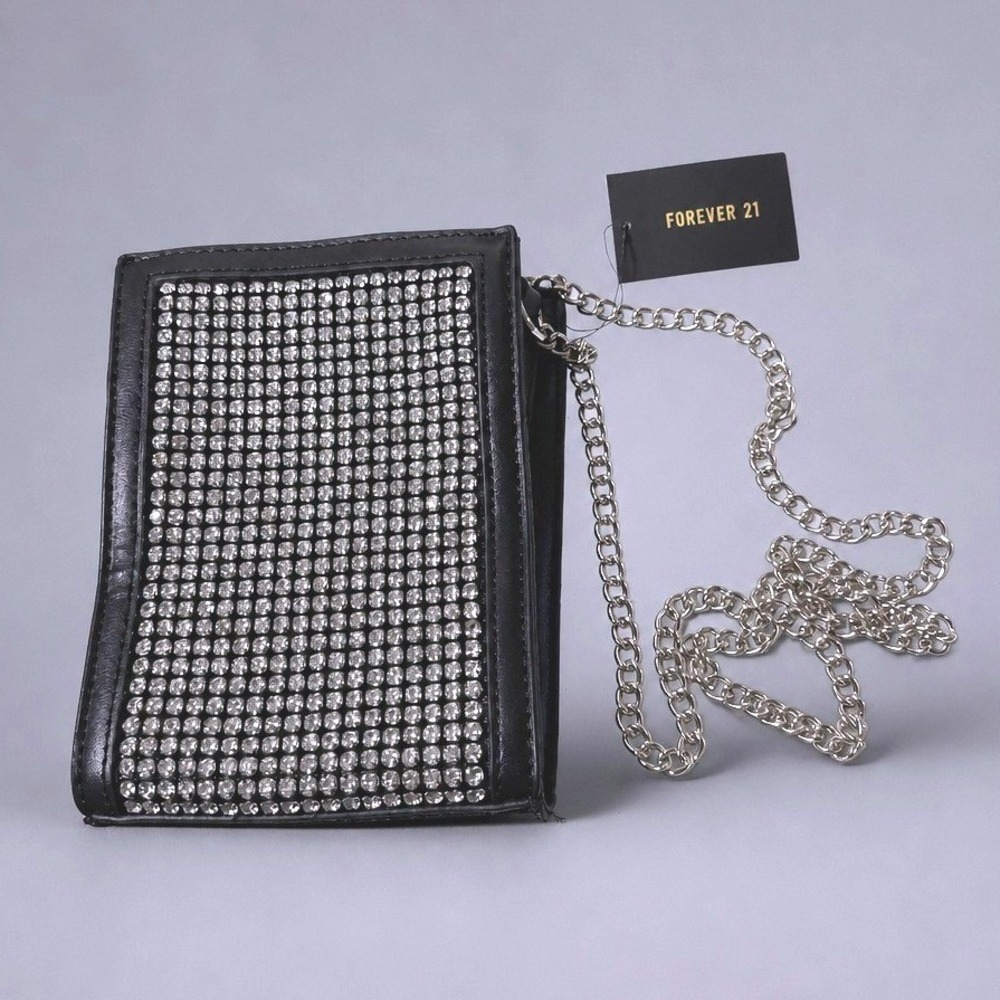 Forever 21 Rhinestone Crossbody Bag Womens‎ Black NWT Silver Chain Glam Sparkle